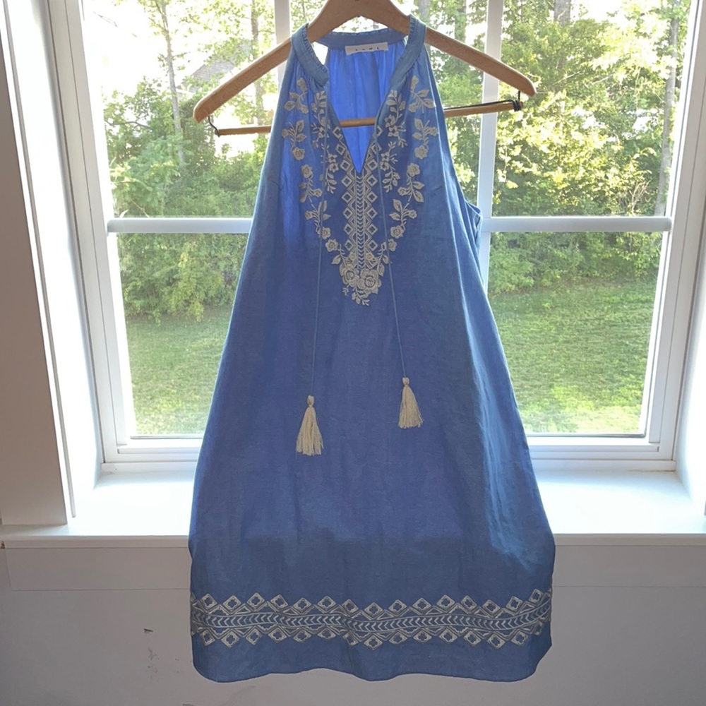 THML embroidered blue halter dress with tassels